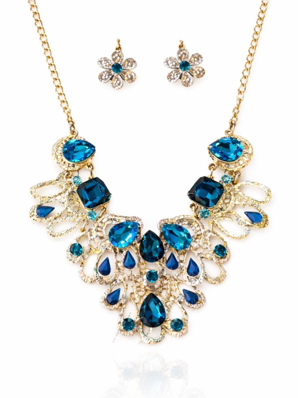 Blue Art Deco Crystal Statement Necklace Set